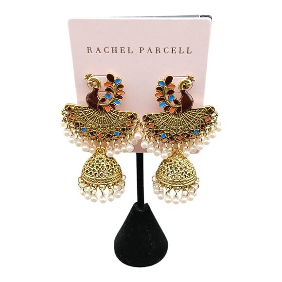 Rachel Parcell Peacock Filigree Jhumka Earrings Gold Tone, Enamel & Pearl Drops - Picture 6 of 8